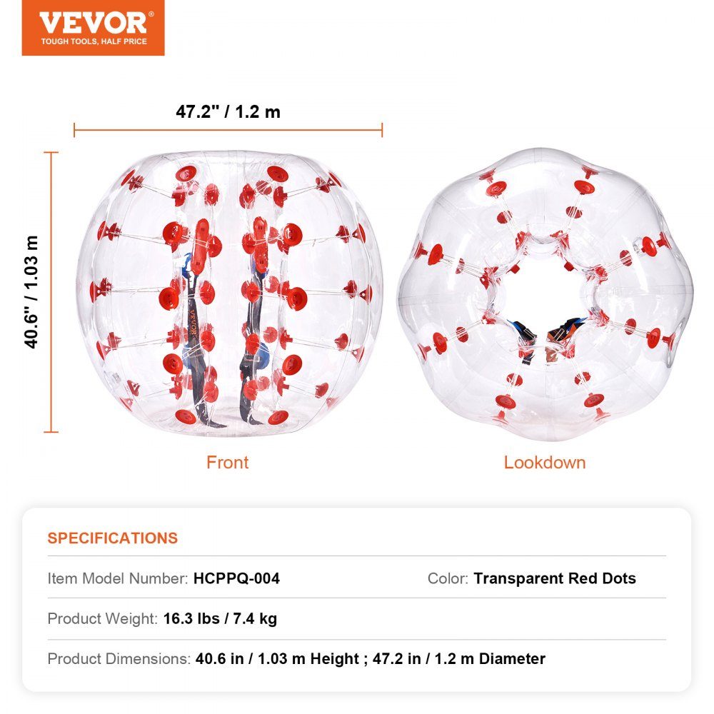 Aufblasbarer Bump-Ball, Bumper-Ball, 1 Stück, 1,2 m x 1,03 m, menschlicher Kollisionsball, PVC-Körper-Blasen-Bounce-Ball für Outdoor-Aktivitäten, transparent + rote Punkte, aufblasbarer Bumper-Ball