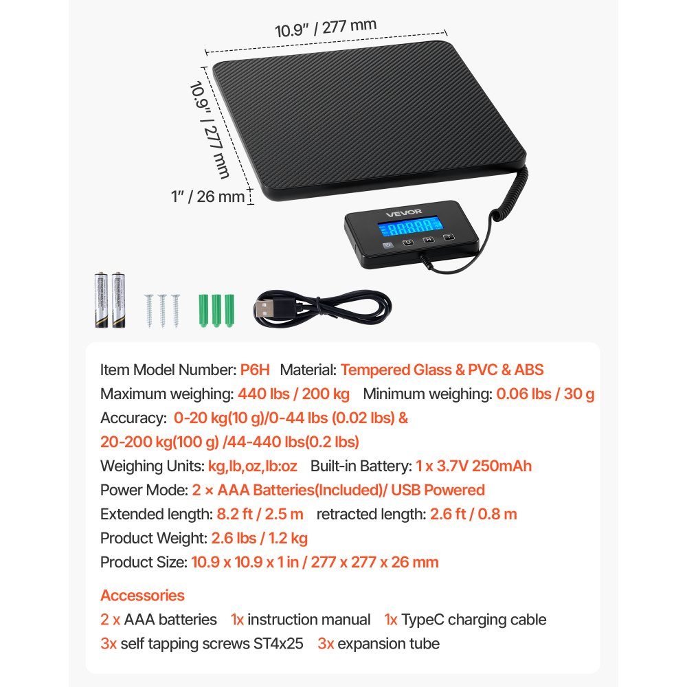 Digital Parcel Scale 10/100g Double Precision 200kg Platform Scale with Hold/Tare Function and LCD Display for Parcels, Postage, Luggage, Battery and Charging Cable Included