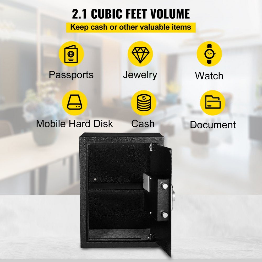 Safe 60 L, furniture safe 17 kg load capacity, wall safe black dustproof with fingerprint code digital keyboard key 4 locking systems security safe apartment hotel office