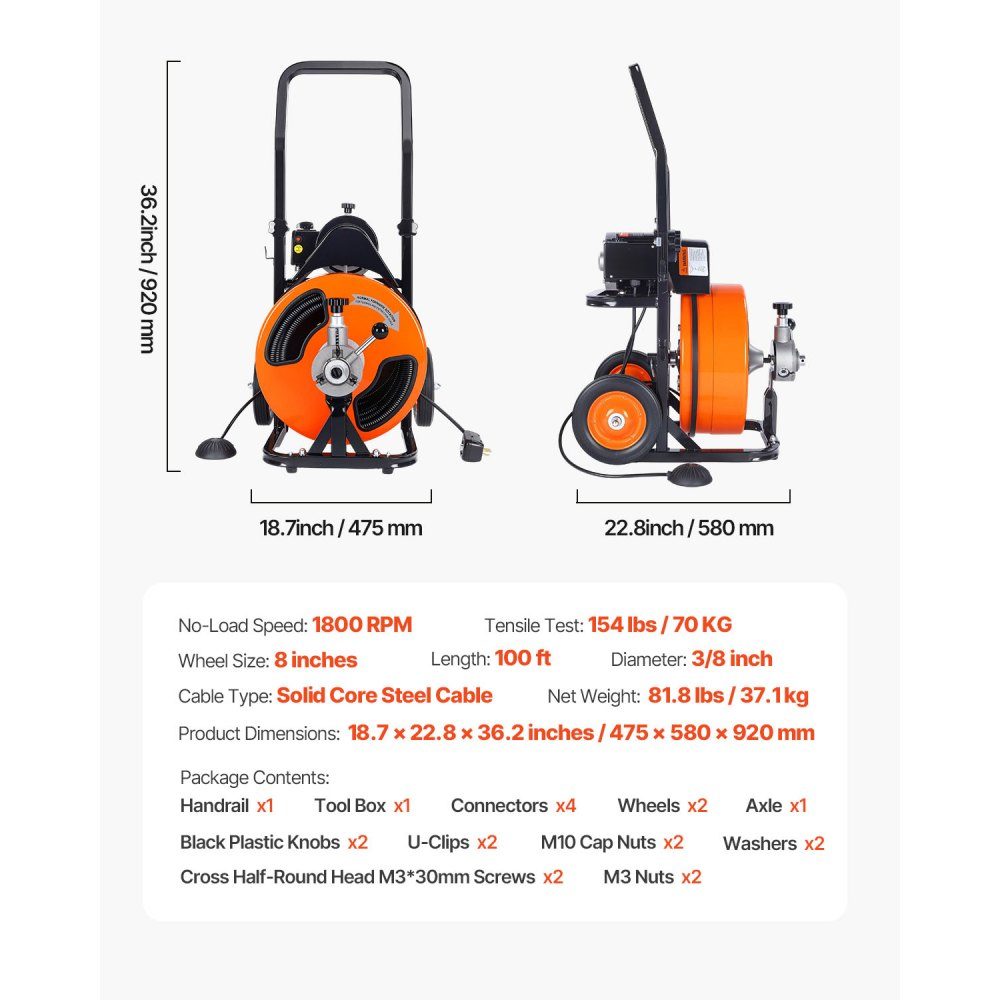 Pipe cleaning machine with automatic feed, 30m x 9.5mm pipe cleaning spiral with rollers, electric pipe cleaner for 5-10cm pipes, pipe cleaning device for drains, toilets, sinks