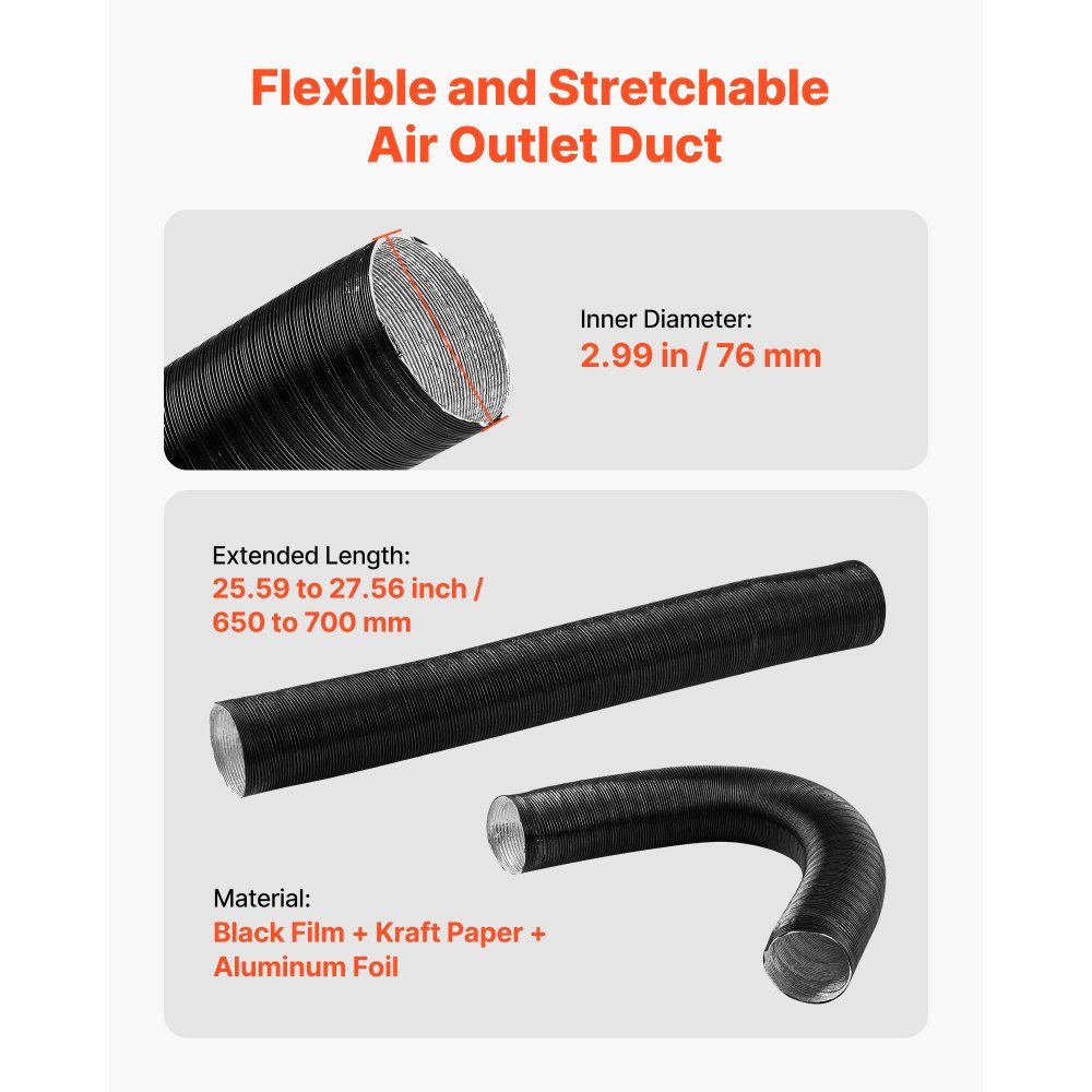 Dieselverwarmerpijp heteluchtuitlaatventilatieset met Y-vormige connector en luchtkanaalklemmen, hulpverwarmer luchtkanaalventilatieset voor 5kW 8kW dieselverwarmers, zwart