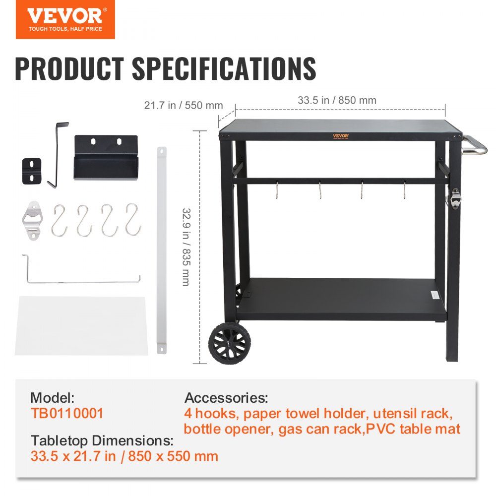 Servierwagen, Küchenwagen, 100 x 64 x 83,5 cm, Outdoor-Grill-Esswagen mit doppelter Ablage, beweglicher Grilltisch für die Zubereitung von Speisen, multifunktionale Tischplatte aus schwarzem Eisen
