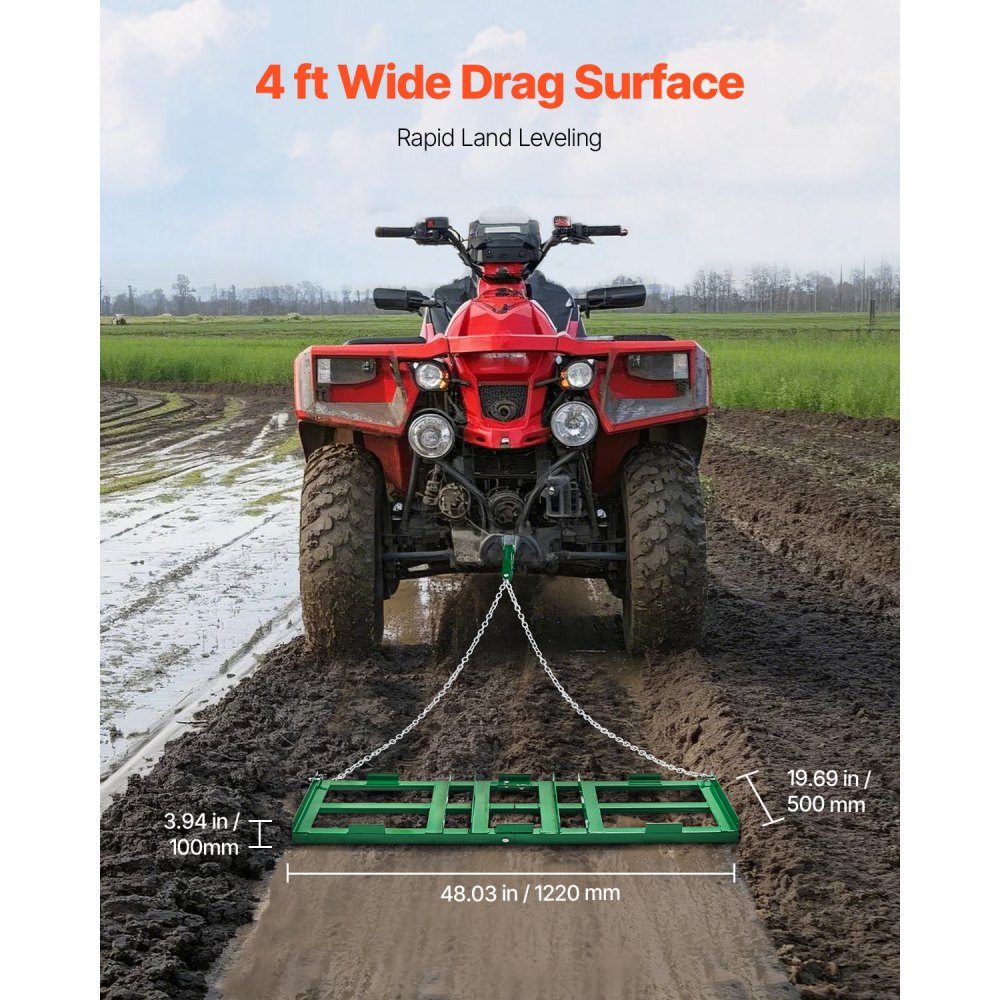 Herse à traîner, 1220 x 500 x 100 mm, remorquage de prairie avec barres réglables et chaîne de 1830 mm, herse de prairie pour VTT, UTV, tracteurs, tondeuses à gazon, outil de remorquage pour niveler la pelouse
