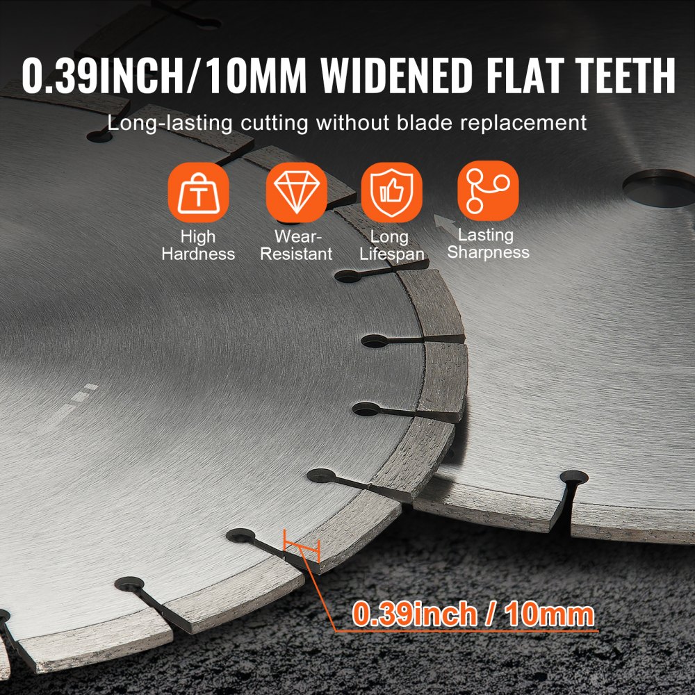Diamond Saw Blade, 14"/350mm Concrete Saw Blade for Wet or Dry Work, 0.39"/10mm Diamond Segment Saw Blade with Flat Teeth, Universal Center Hole Diameter 1"/25.4mm, for Concrete, Cement Board, Tile, Brick