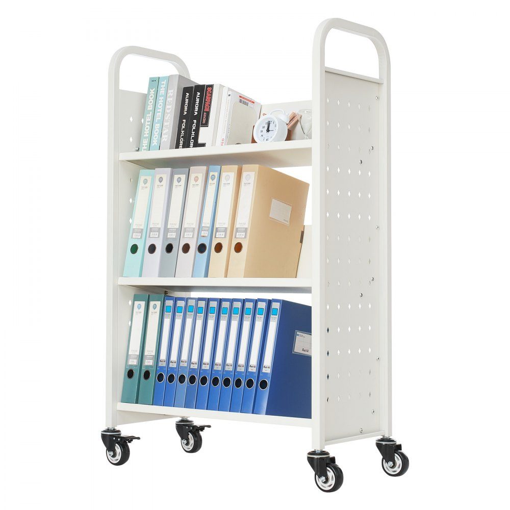 Bücherwagen, 150 kg Tragkraft, Bibliothekswagen, 77 x 38 x 122 cm, einseitiges V-förmiges Bücherregal mit Doppelbremsrädern, für Wohnzimmer, Büro, Schule, Weiß