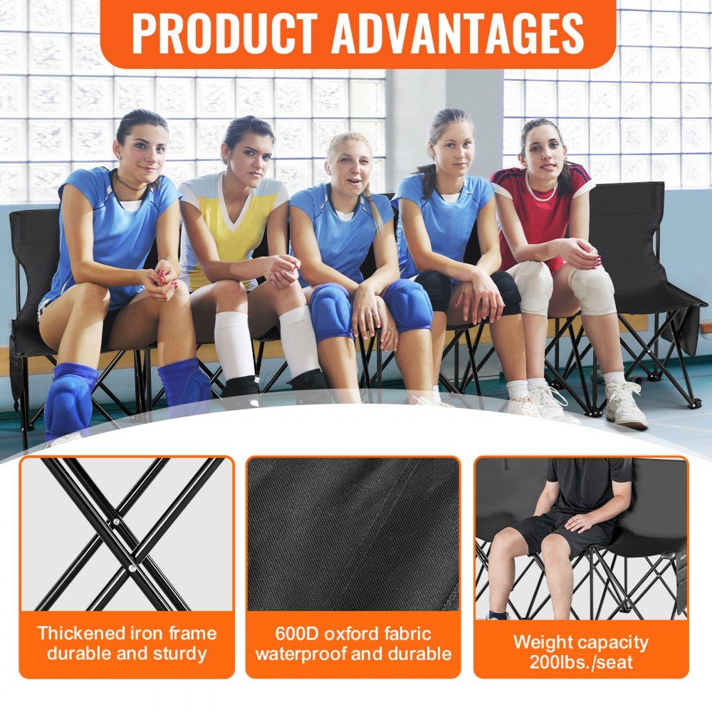 Portable Folding Bench, 6 Seater Folding Side Bench, Outdoor Camping Bench Chair with Carry Bag and Backrest, Team Sports Side Bench for Football Fishing, No Assembly Required, Instant Sitting, Black