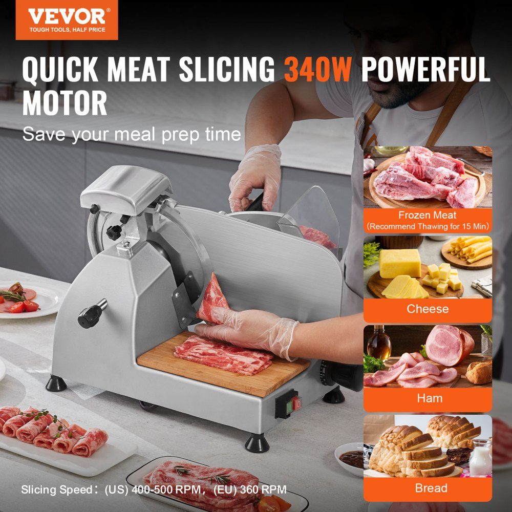 Trancheuse à viande commerciale 340 W trancheuse électrique polyvalente avec lame en acier au carbone de 10" épaisseur réglable de 0 à 15 mm pour la viande, le fromage, les légumes, etc.