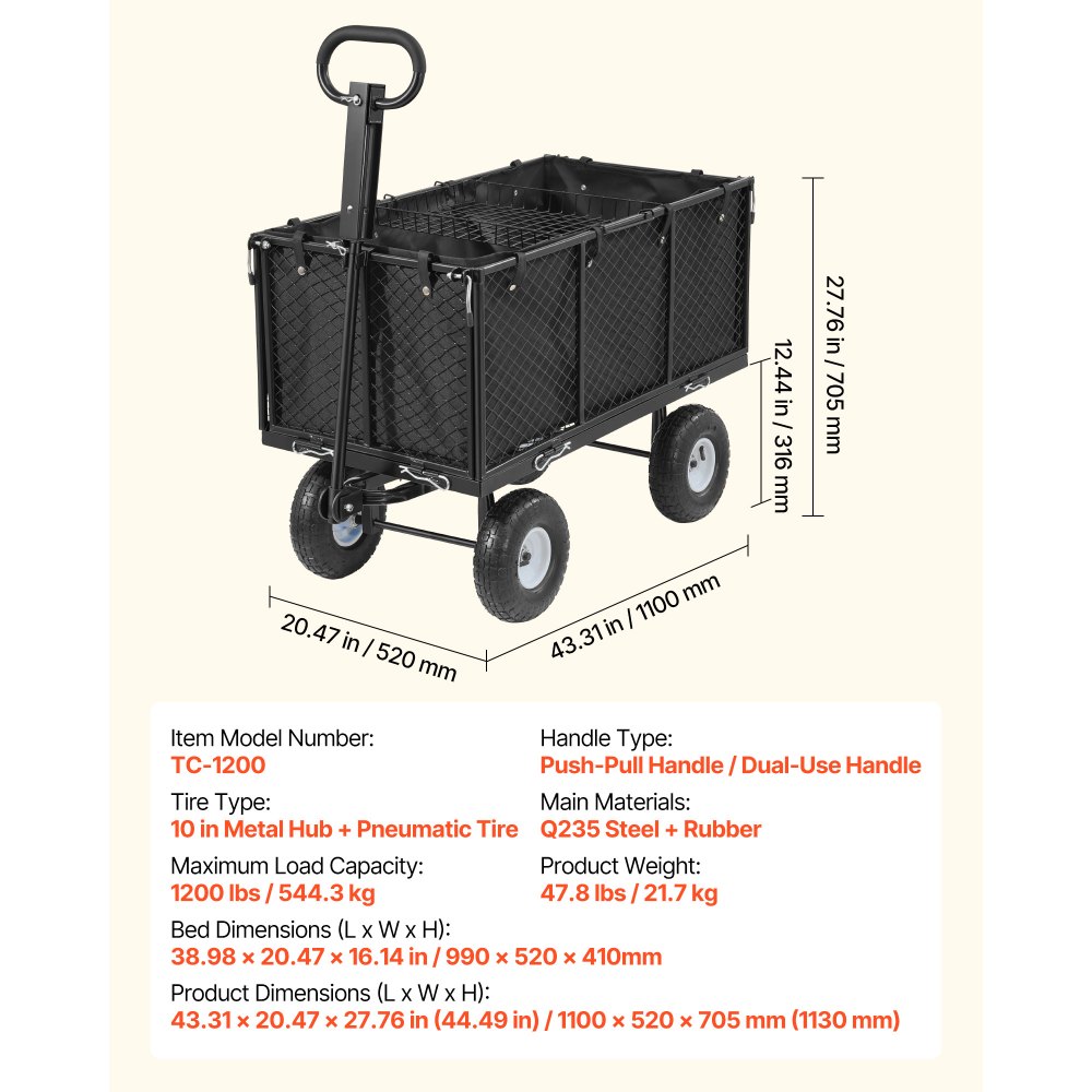 Handcart 544 kg, Handcart with Pneumatic Tires, Adjustable Handle, Removable Sides, Beach Cart, Camping Cart, Garden Cart for Attachment to ATV or Tractor, Black Handcart 544 kg, Handcart with Pneumatic Tires, Adjustable Handle, Removable Sides, Beach Cart, Camping Cart, Garden Cart for Attachment to ATV or Tractor, Black