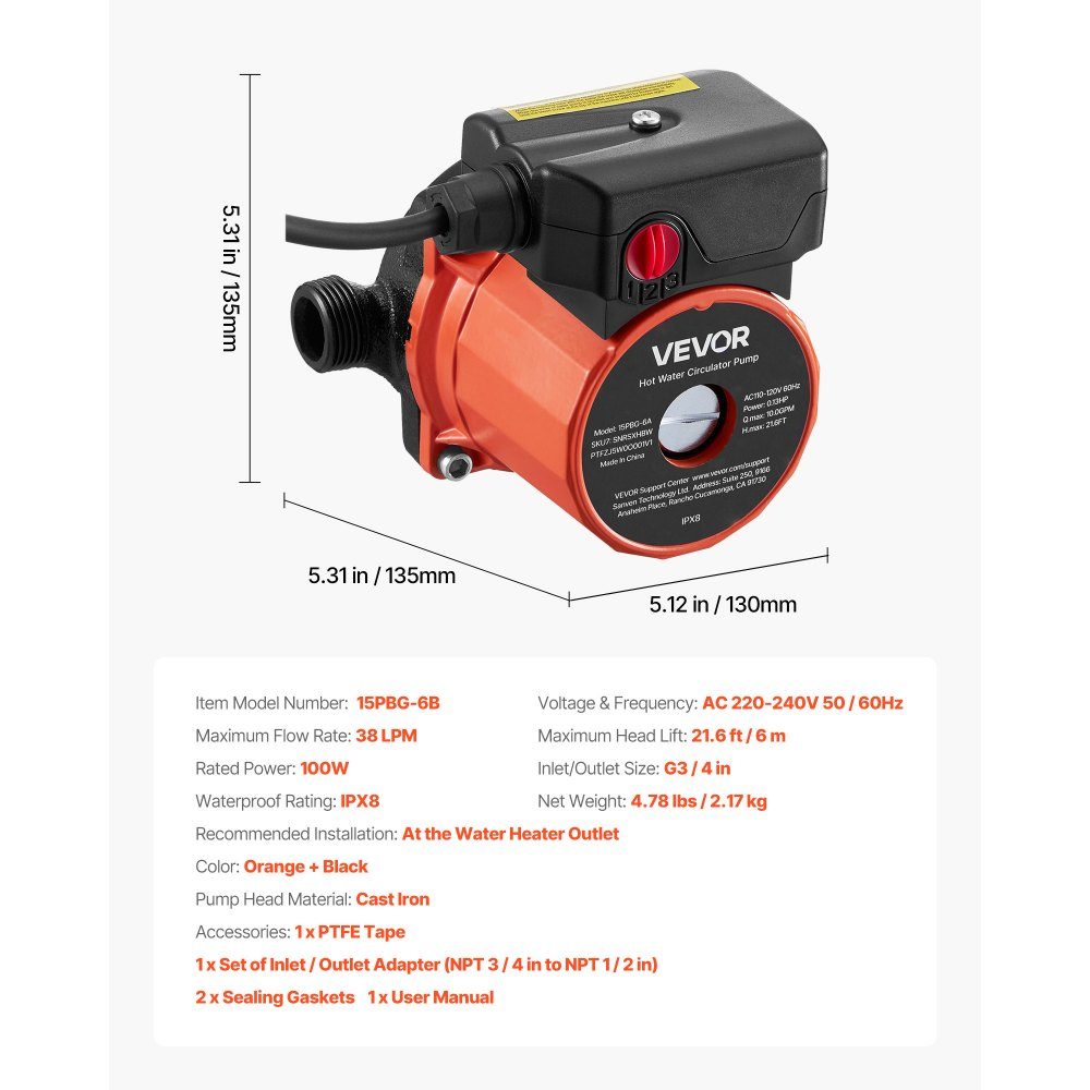 Pompe de circulation 38LPM Système de pompe de circulation à circulation instantanée Contrôle à 3 vitesses 100W Adaptateur AC 220-240V G3/4" à G1/2" Tête en fonte pour système de chauffe-eau