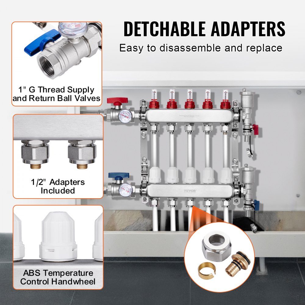 5 Branch Heat Spreader, 1/2" PEX Pipe Manifold, Stainless Steel PEX Manifold for Hydronic Underfloor Heating, Heat Distribution PEX Manifold Kit with 1/2" Adapters Included