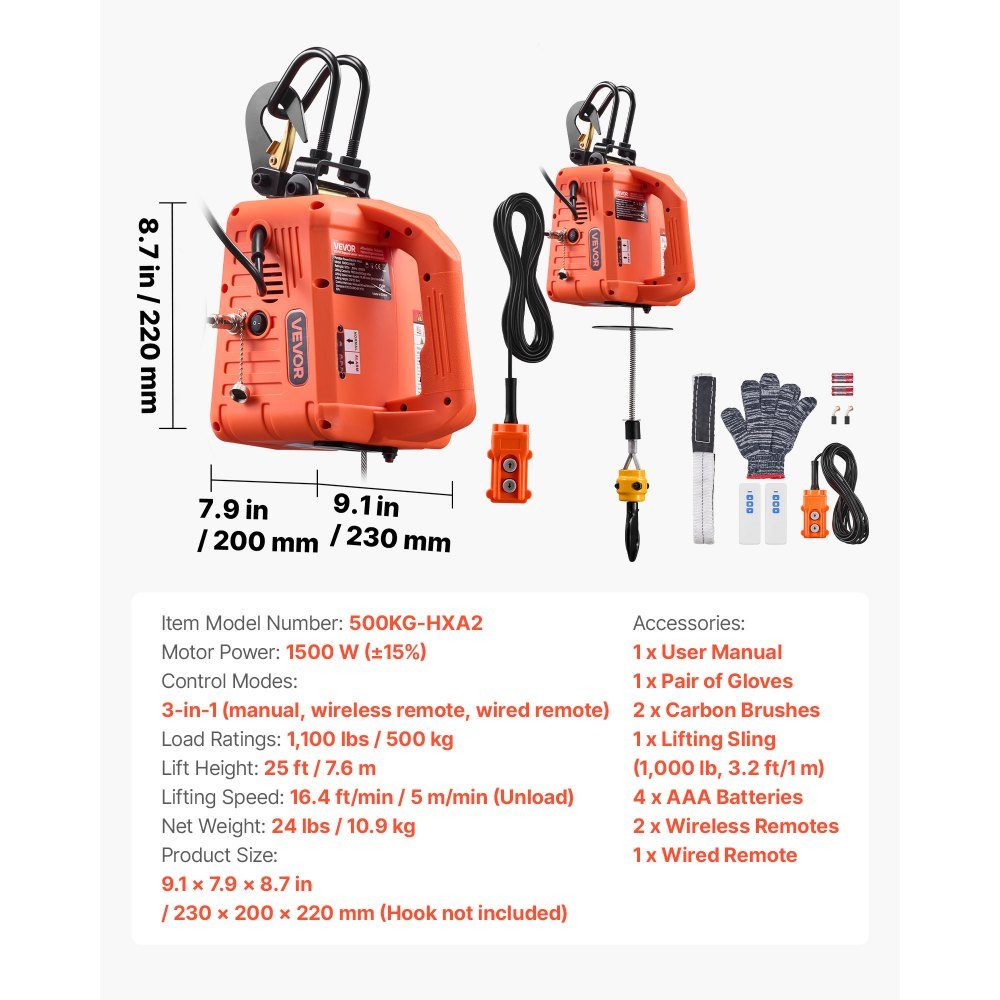 Treuil électrique, capacité de charge de 500 kg, palan électrique 3 en 1, 1500 W, hauteur de levage de 7,6 m, 5 m/min, avec télécommande manuelle, filaire et sans fil pour usine, entrepôt et garage