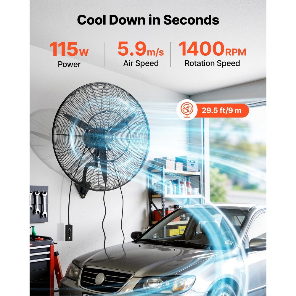 115W Industrial Wall Fan 32" 5.9m/s Oscillating Wall Fan with 3 Levels Adjustable Angle and Mist Commercial Industrial Fan for Workshop Garage Warehouse Gym Black
