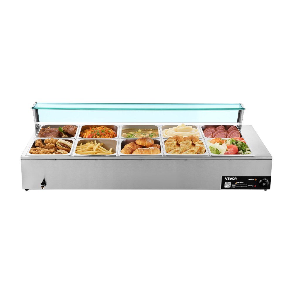 Commercial Food Warmer (10 x Size 1/2 Containers), 1.7KW Stainless Steel Electric Warming Container with Glass Cover and Soup Ladle, Chafing Dishes for Catering Restaurant Parties