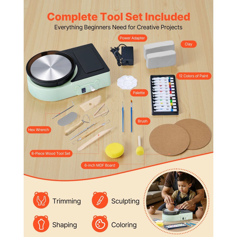 Mini Pottery Wheel Machine, 158mm Turntable with Adjustable Rotation Speed, Electric Clay Wheel with Clay Molding Tools, Suitable for DIY Pottery Classes, Green