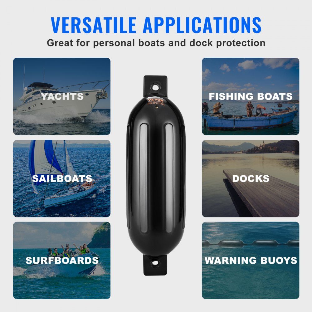 Ensemble de garde-boue, 4 défenses gonflables 8,5" x 26" Garde-boue de bateau à montage horizontal ou vertical Garde-boue long avec 4 aiguilles, cordes et sac de rangement Résistant à la chaleur Protégé contre les UV