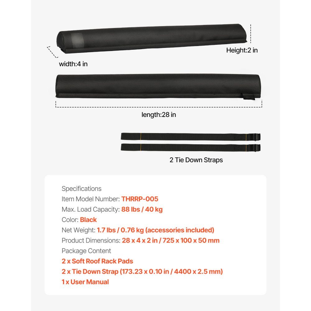 Soft roof rack pads (711 mm) car roof rack pads for various cross bars with 40 kg load capacity, kayak rack with 2 tension straps & Velcro fasteners for SUPs canoes