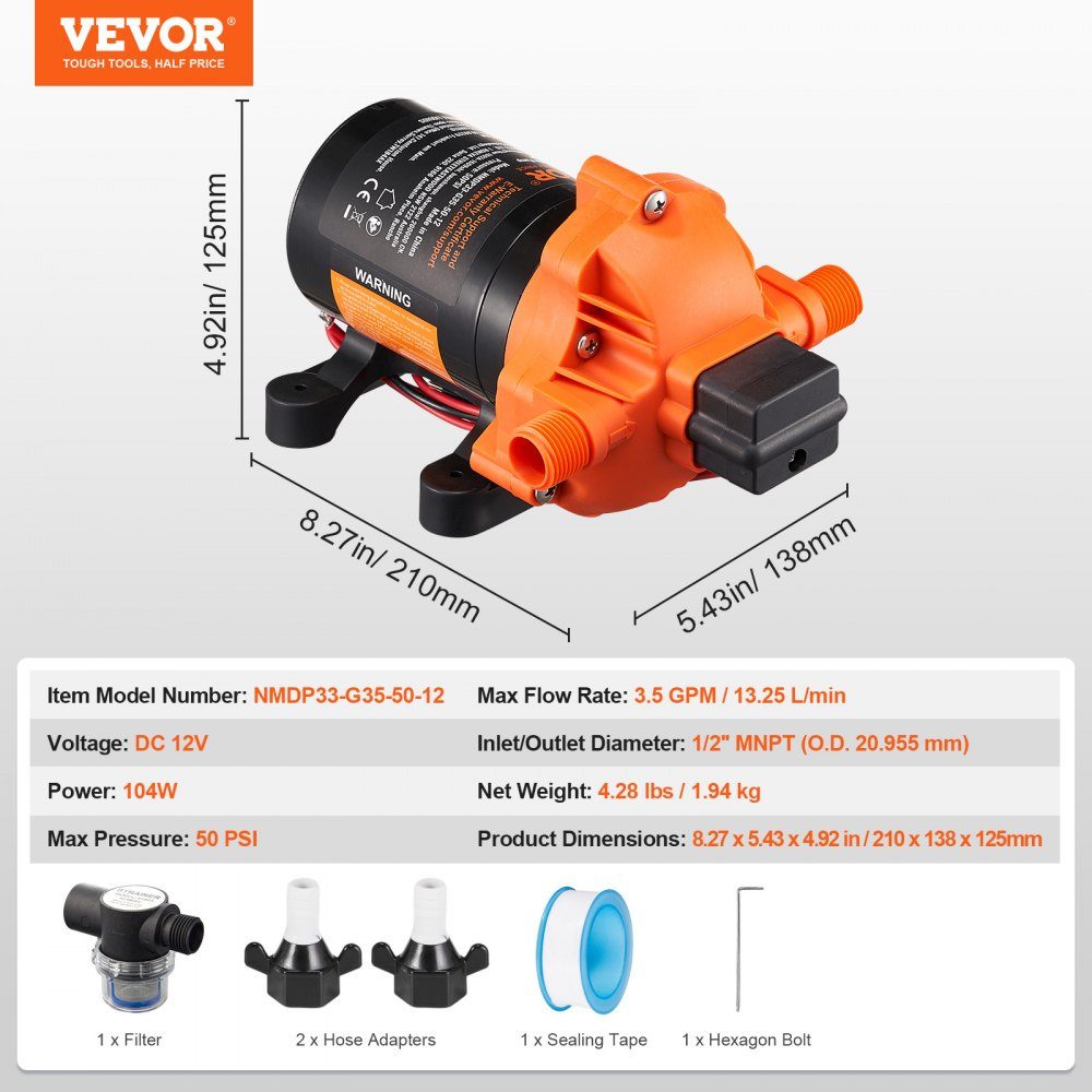 12-V-Membranpumpe, 13,25 l/min, 3-Kammer-Gleichstrom-Wasserpumpe mit automatischem Druckschalter, 40–100 PSI, verstellbar, 50 PSI, 1/2 Zoll MNPT-Anschluss für Wohnmobil, Yacht, Food Truck, Camper, Marine