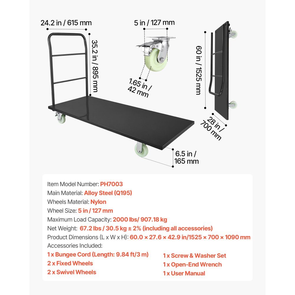 Folding Platform Trolley 907kg, Transport Trolley with Swivel Wheels and Handle, Storage Trolley, Heavy Duty Luggage Transport Trolley, Ideal for Warehouse, Workshop, Factory, 1525x700x1090mm