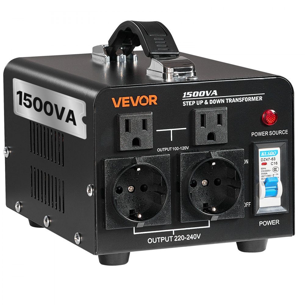 Przetwornik napięcia Transformator, transformator mocy 1500 VA podwyższający/obniżający napięcie, konwersja 110 V na 220 V i 220 V na 110 V, z gniazdami amerykańskimi i europejskimi, przewód zasilający, wyłącznik automatyczny – Nr kat. HT-23283