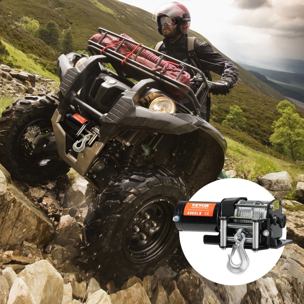 Electric Winch, 4000lb Pulley Capacity, 12V DC ATV/UTV Winch with Φ3/16" x 39ft 7-Strand Steel Cable Pulley Guide, Wireless and Wired Remote Control, IP55 Waterproof for UTV ATV Towing