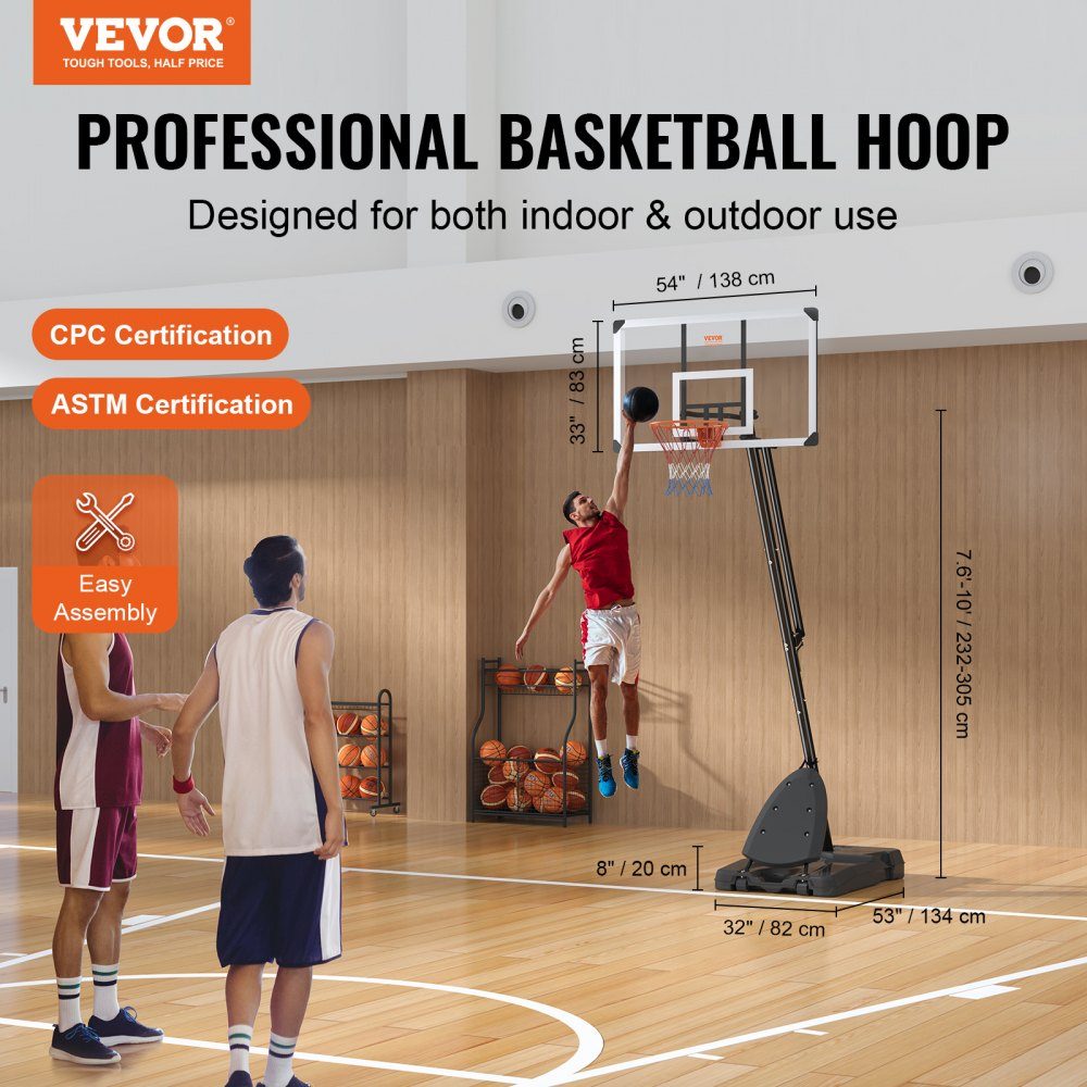 Basketbalring Outdoor basketbalring met standaard 232-305 cm in hoogte verstelbaar, draagbare basketbalstandaard met wielen, basketbalset voor kinderen en volwassenen, standaard en vulbare basis, zwart