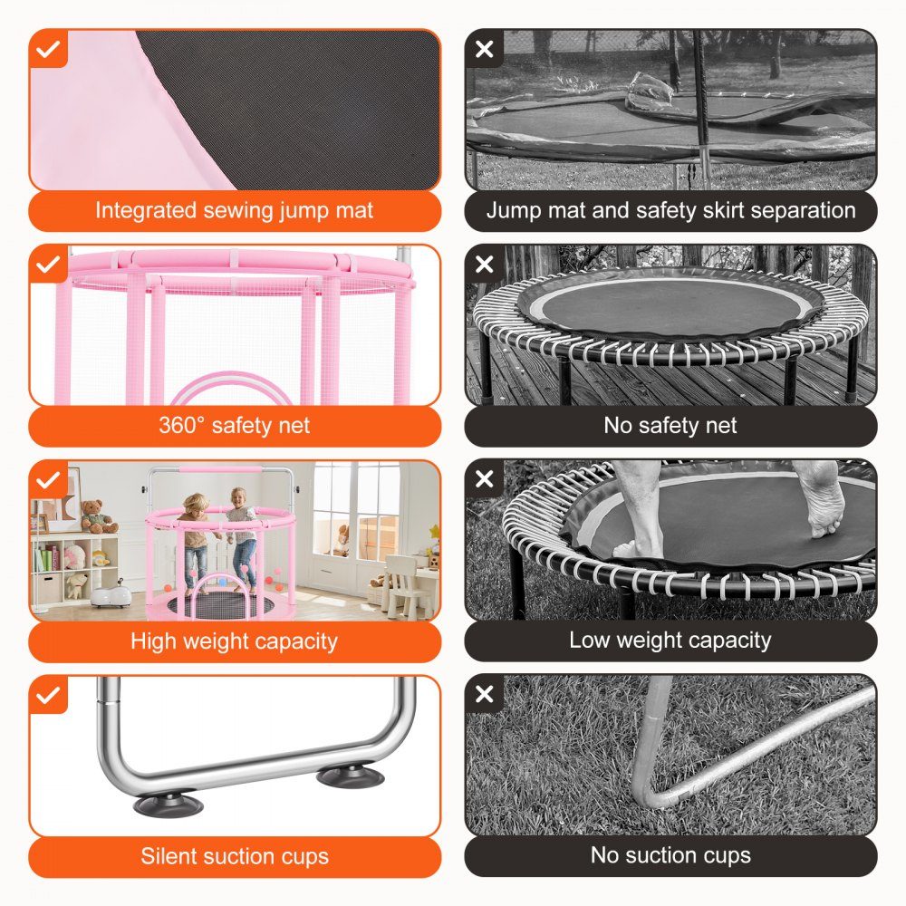 Kindertrampolin, Mini-Freizeittrampolin 147 cm, für Kleinkinder, verstellbar, mit Sicherheitsnetz & Basketballkorb, Geburtstagsgeschenk, Weihnachtsspielzeug für Kinder ab 3 Jahren, Rosa
