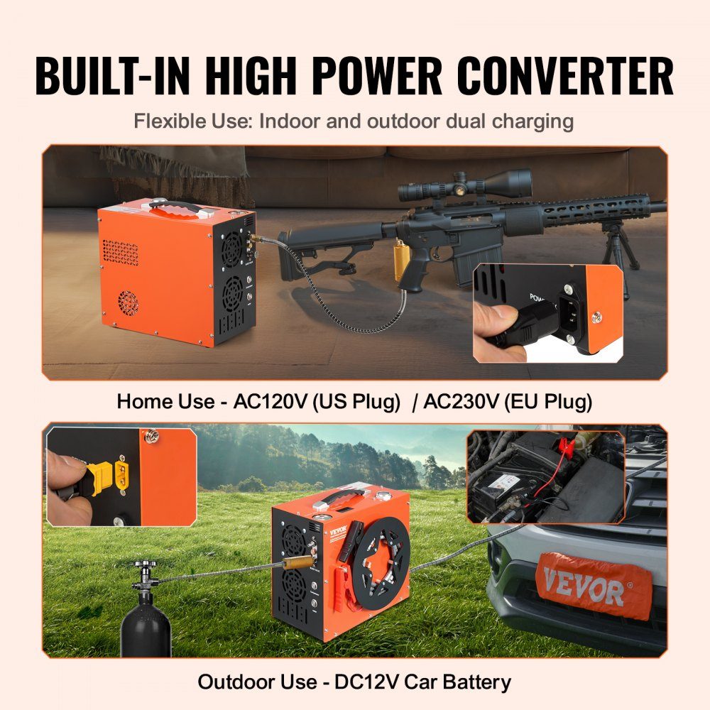 PCP Air Compressor, 4500PSI/30MPa Portable PCP Air Rifle Compressor - Integrated Water and Fan Cooling System, Auto-Stop DC12V/AC230V Paintball Tank Compressor for Air Rifle, Diving Bottle
