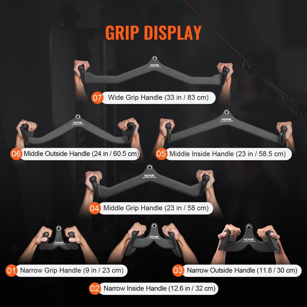 Latzug-Aufsätze, Kabel-Rudergerät, T-Stange, V-Stange, 7er-Set, Trizeps-Klimmzugstange, gummibeschichteter Griff für Rückenkrafttraining, Bizeps-Curl, Trizeps-Lat-Pulldown-Stange für Heim-Fitnessstudio