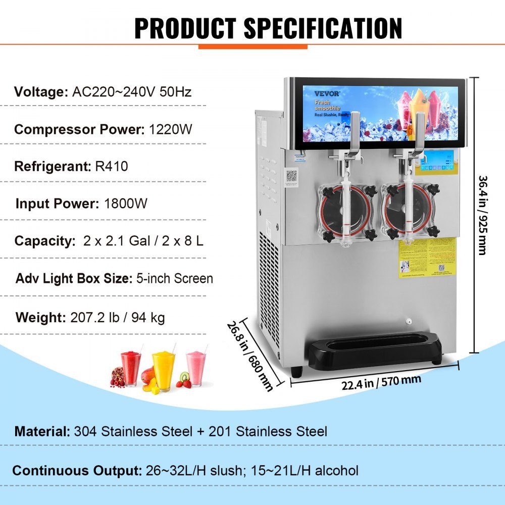 8L x 2 Kommerzielle Slush-Eismaschine, Slush-Maschine mit 26~32L/Std. Slush Slushy-Maschine, 1800 W Slush-Maker-Maschine 94 kg Slush-Eismaschine Edelstahl Slushy-Maschine 570 × 680 × 925 mm