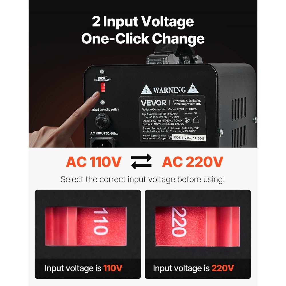 Voltage Converter Transformer, 1500VA step-up/step-down power transformer, 110V to 220V and 220V to 110V conversion, with US and EU sockets, power cord, circuit breaker