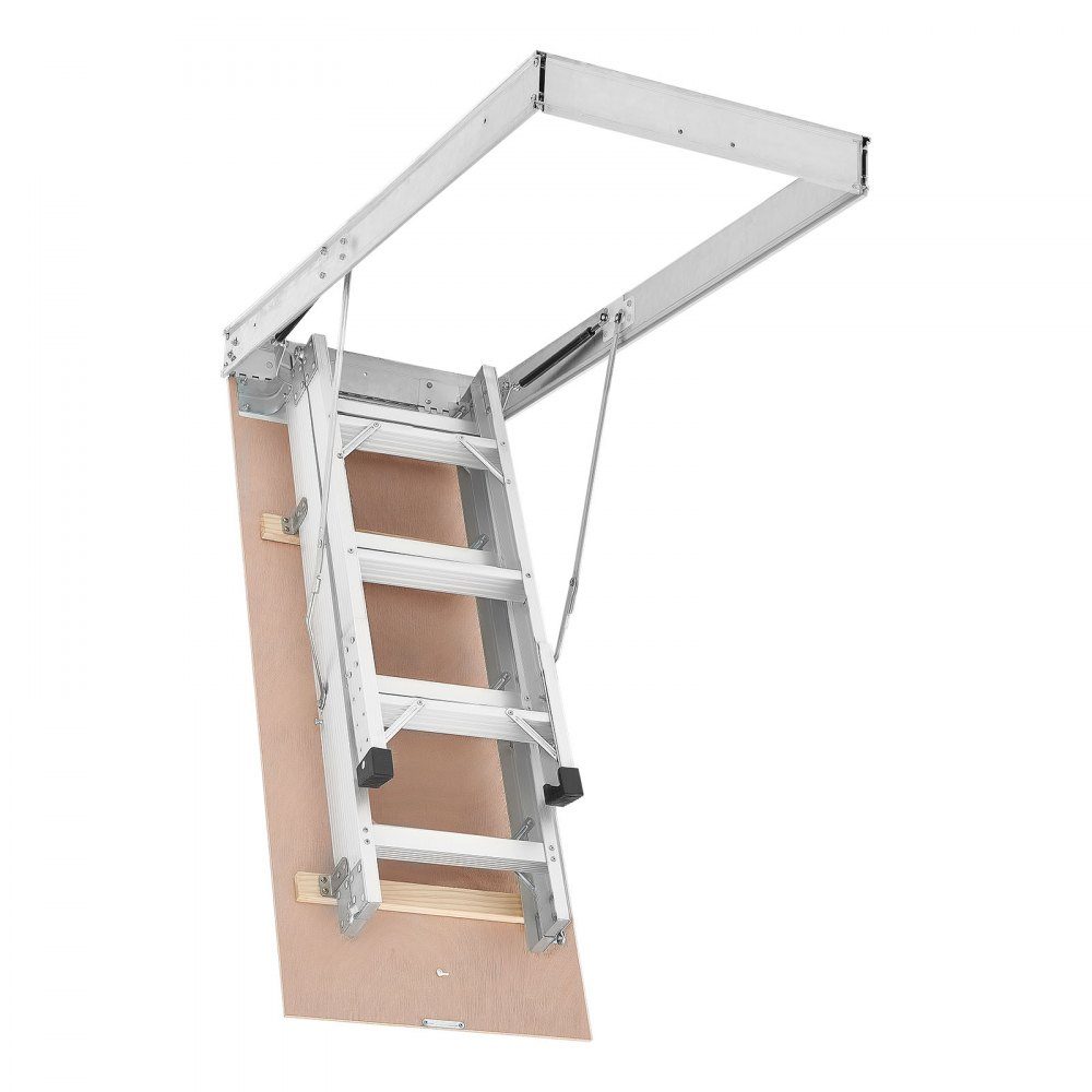 Folding Attic Stairs, 170kg Heavy Duty Aluminum and Wood Attic Ladder, Hydraulic Attic Stairs with Pull Rope for Ceiling Heights 300-313cm, Metal Ladder with 137cm x 57cm Access Opening, Silver