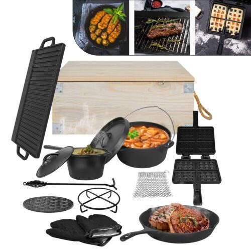 Dutch Cooking Pot 11-teiliges Four Set Casserole avec boîte en bois Plaque de grill en fonte pour l'extérieur