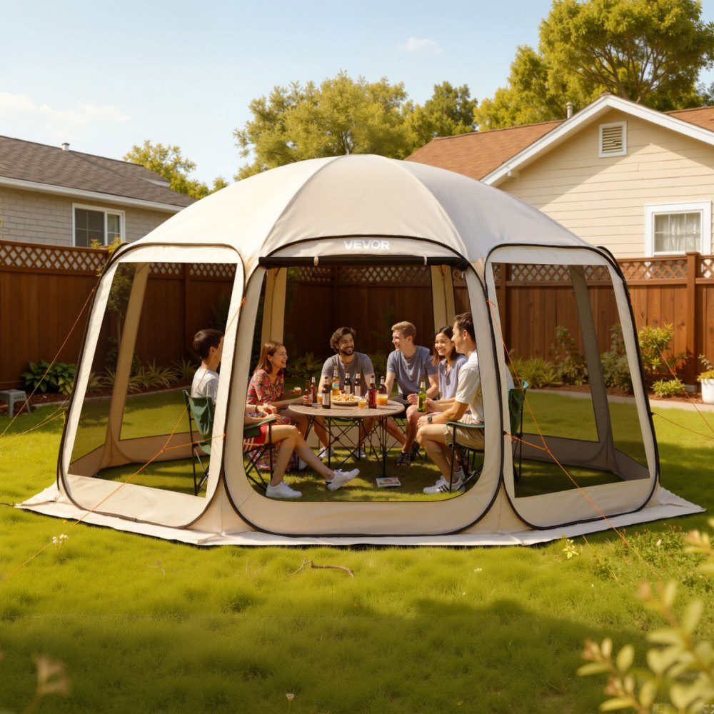 Kampeertent, 457,2x420,6x245 cm, partytent voor 12-15 personen, pop-up tent, inclusief draagtas, mesh zijwanden en haringen, voor tuin, terras en buitenactiviteiten, beige