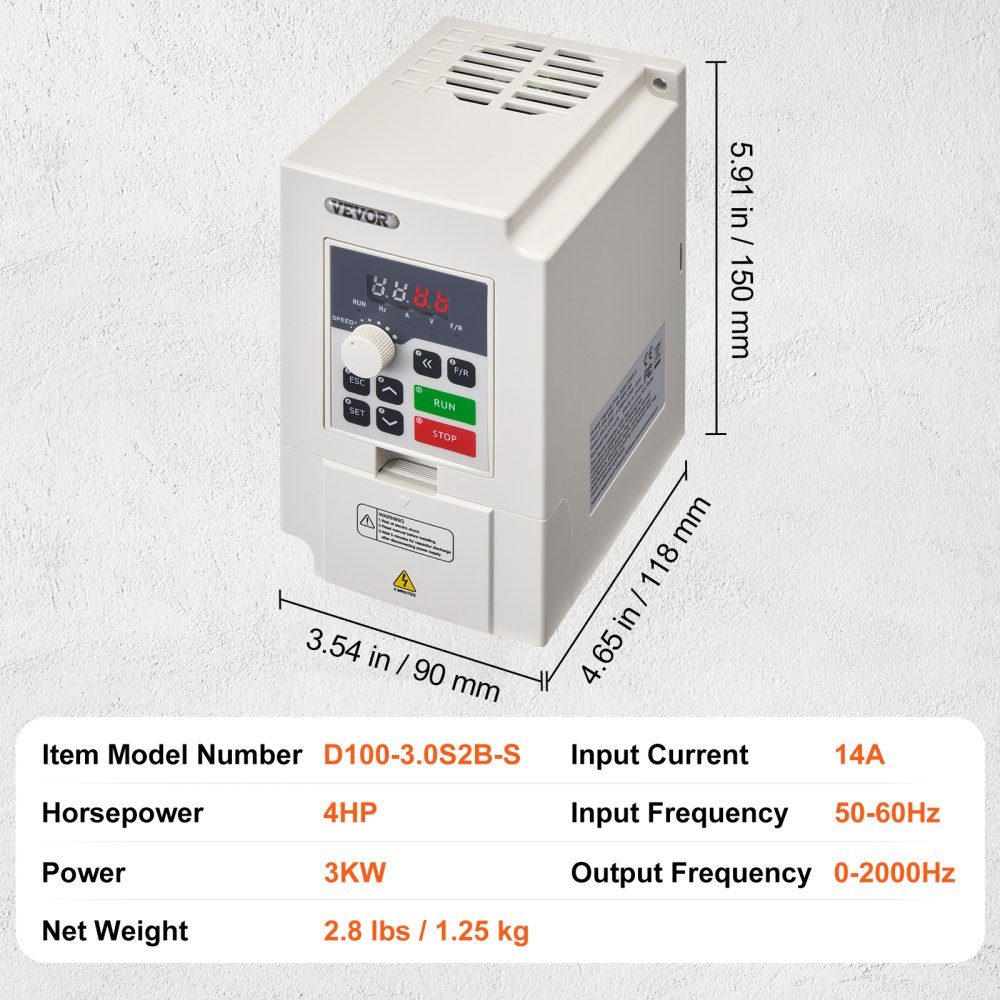 Convertisseur de fréquence VFD 4 HP 3 kW, 14 A, entrée 1/3 phase AC 220 V vers sortie triphasée AC 0-220 V, convertisseur de fréquence entrée 50/60 Hz, sortie 0-2000 Hz VFD pour contrôle de vitesse du moteur de broche