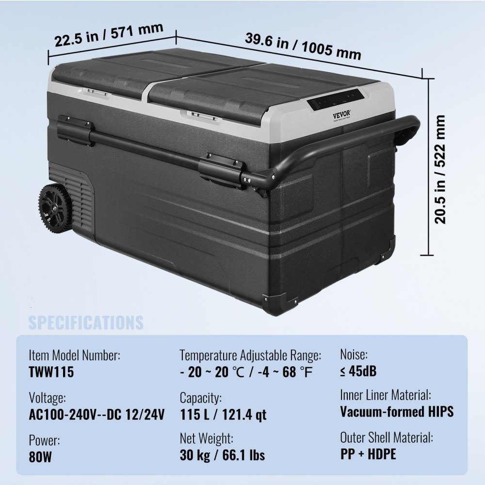 12V Car Fridge, 115L Portable 2 Zone Freezer with Wheels and Handle, -20°C to 20°C, 12/24V DC / 100-240V AC Compressor Cooler for Outdoor Camping Travel