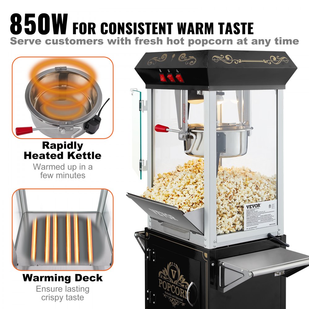 Popcornmaker, Popcornmaker met kar, 850W Popcornmaker, 8oz Ketel voor 48 kopjes per lading, Popcornmaker van gehard glas met 4 bolletjes Cinema Style Restaurant, Zwart