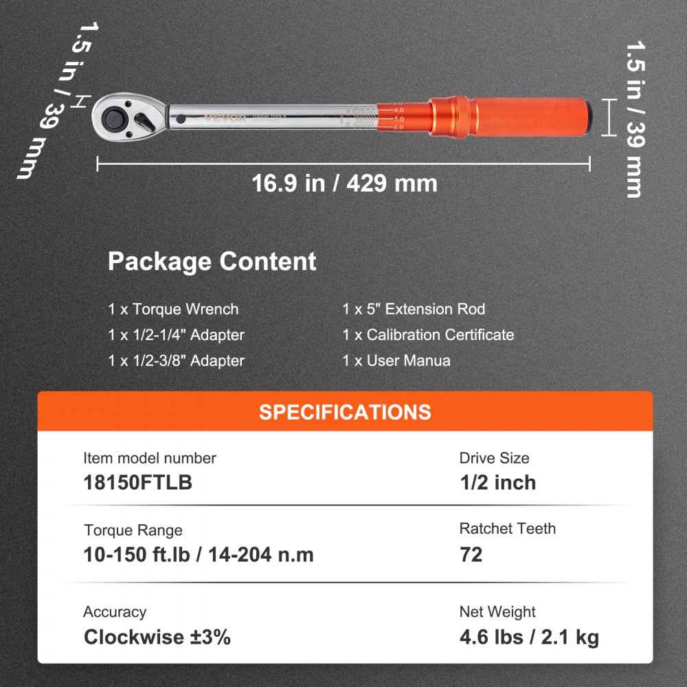 Drehmomentschlüssel 12,7 mm, 14–204 Nm Drehmomentschlüssel-Fahrrad- und Motorrad-Set, ±3 % Fehlergenauigkeit mit Verlängerungsstange 127 mm, 12,7–9,525 mm und 12,7–6,35 mm Adapter, Ratschenkopf mit 72 Zähnen Drehmomentschlüssel 12,7 mm, 14–204 Nm Drehmomentschlüssel-Fahrrad- und Motorrad-Set, ±3 % Fehlergenauigkeit mit Verlängerungsstange 127 mm, 12,7–9,525 mm und 12,7–6,35 mm Adapter, Ratschenkopf mit 72 Zähnen