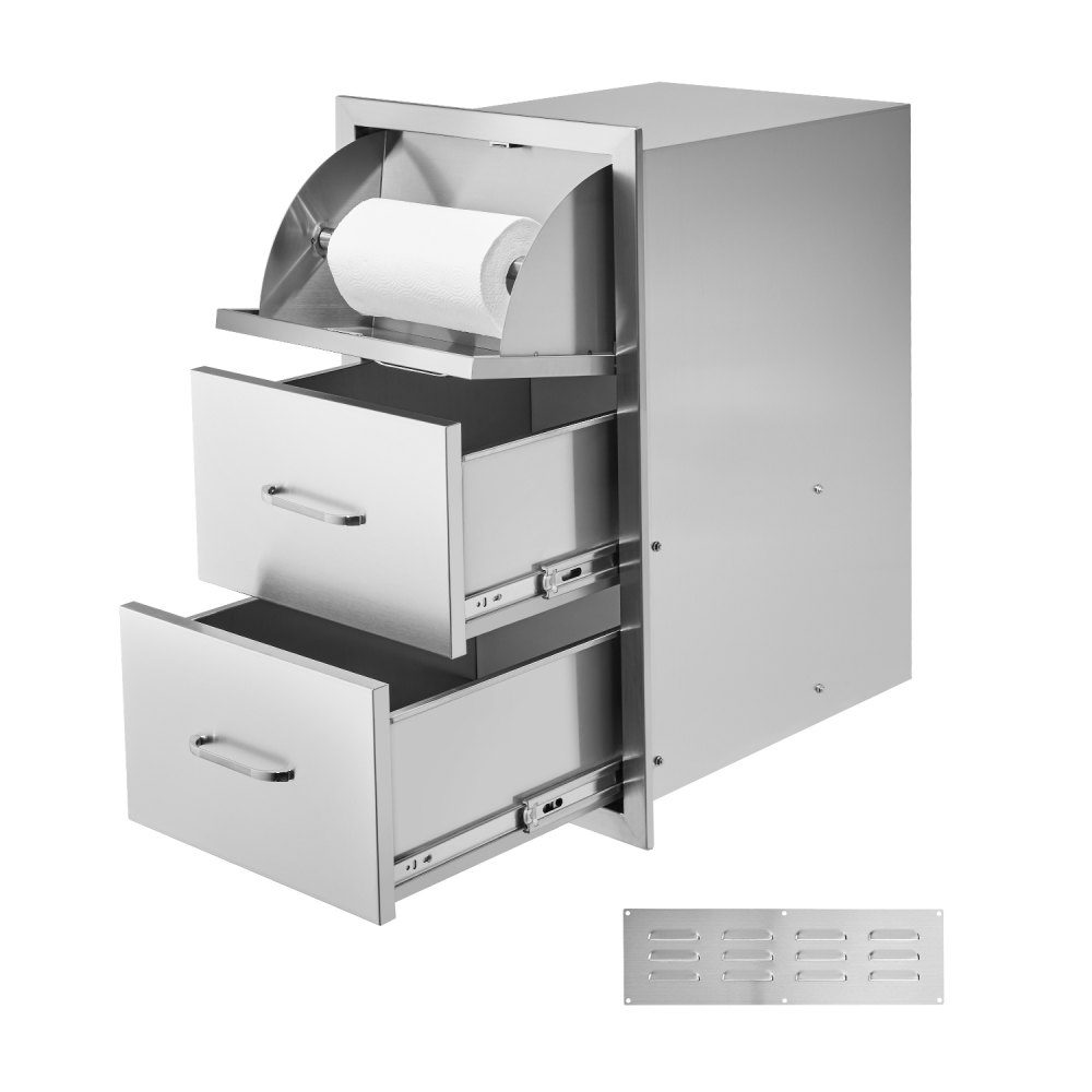 Outdoor Kitchen Drawers, Triple Access Stainless Steel Drawer Cabinet, Grill Island Drawer Storage with Paper Towel Holder and Handle, for Grill Station