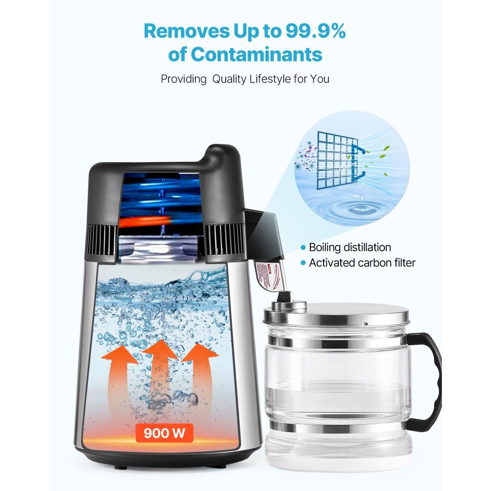 Wasserdestilliergerät 6L größerer Reinwasserfilter, 900W Glasdestilliergerät, Trinkwassergerät mit Edelstahlinnenraum zur Herstellung von sauberem Wasser, Wasserdestilliergerät Silber