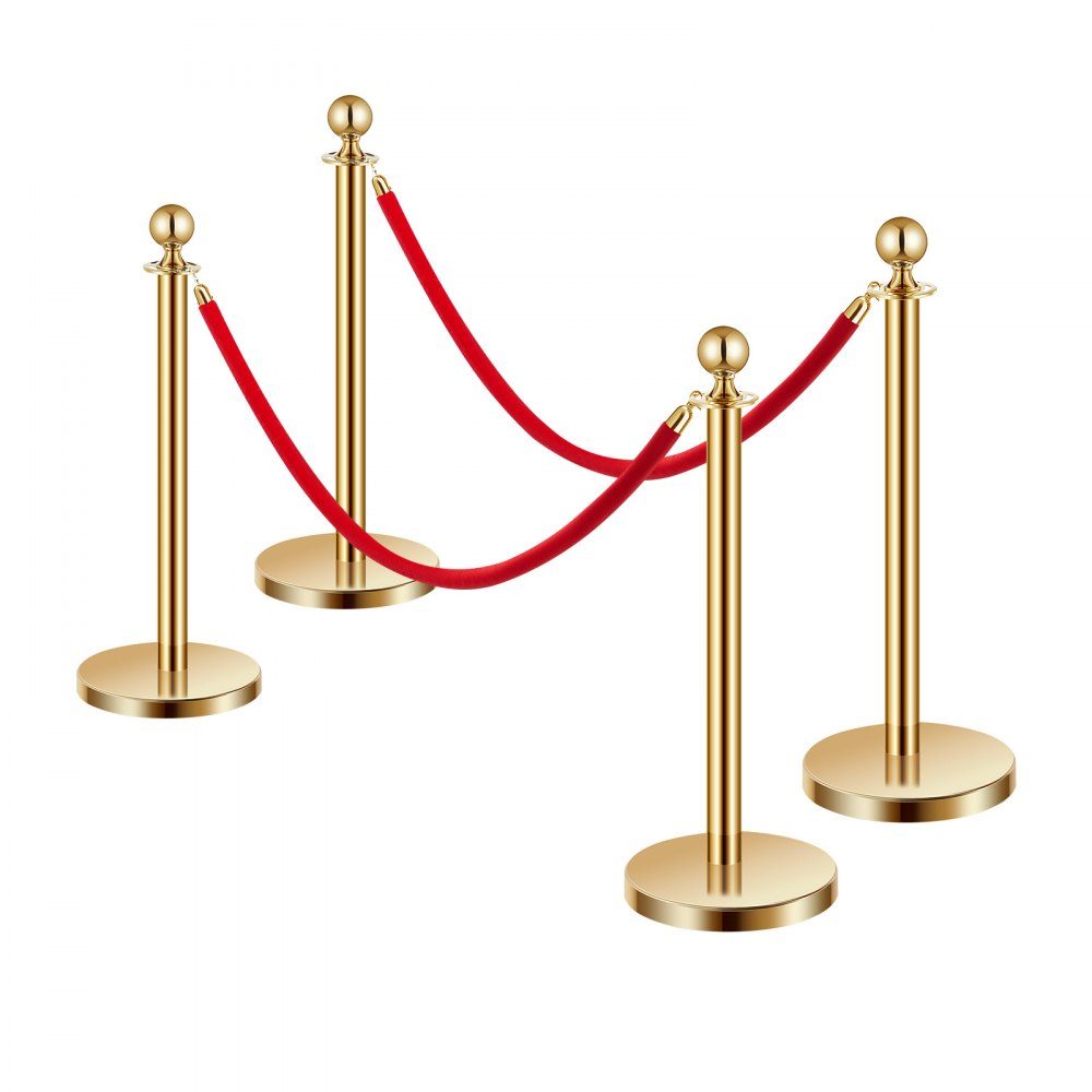 Afzetpalen (4 stuks) voor crowd control met 2 rood fluwelen touwen (1,5 m lang), RVS slagboomstandaard met hervulbare voet voor tentoonstellingen Golden