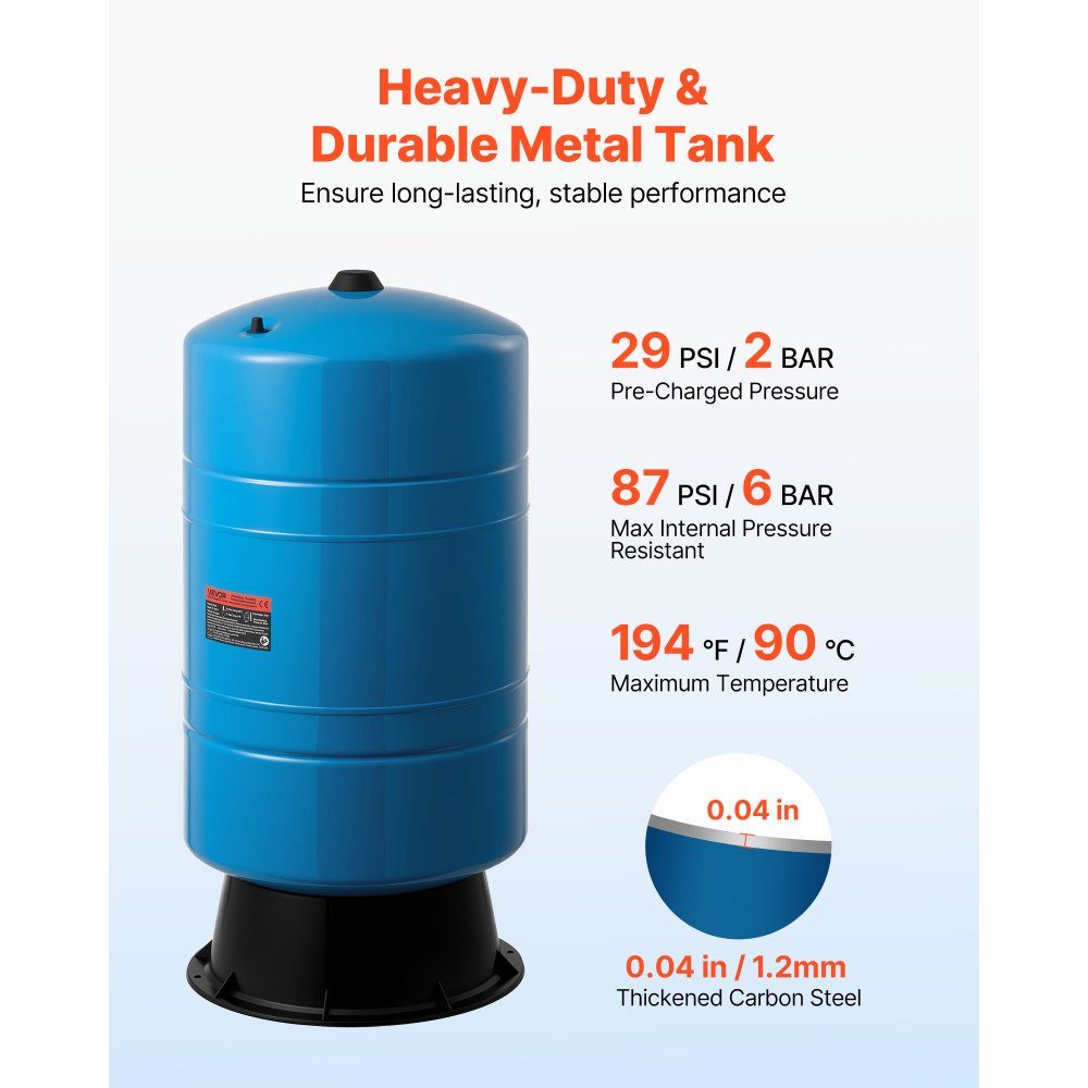 Vertikaler Brunnendrucktank, 75,7 l vorgeladener Druckwassertank für Brunnenpumpen, Wasserspeichertank aus Kohlenstoffstahl für Heim-, Schul-, Bauernhof- und Bewässerungssysteme