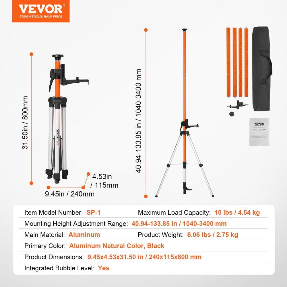 Laser Spirit Level Tripod, 1/4"-20 and 5/8-Zoll-11-Gewindehalterung, 40.94-133.85" Height Adjustment with Spirit Level and Heavy Duty Stand, Extendable Lightweight Aluminum Tripod for Laser Scanner
