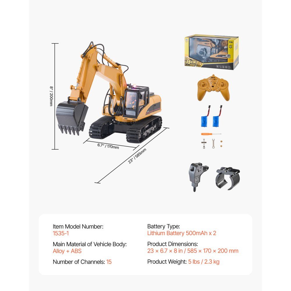Ferngesteuertes Baggerspielzeug, 15 Kanäle, ferngesteuerter 3-in-1-Bagger mit Metallschaufel, RC-Bagger im Maßstab 1:14 mit Licht und Ton, funktionale Baufahrzeuge für Kinder, 2 Batterien