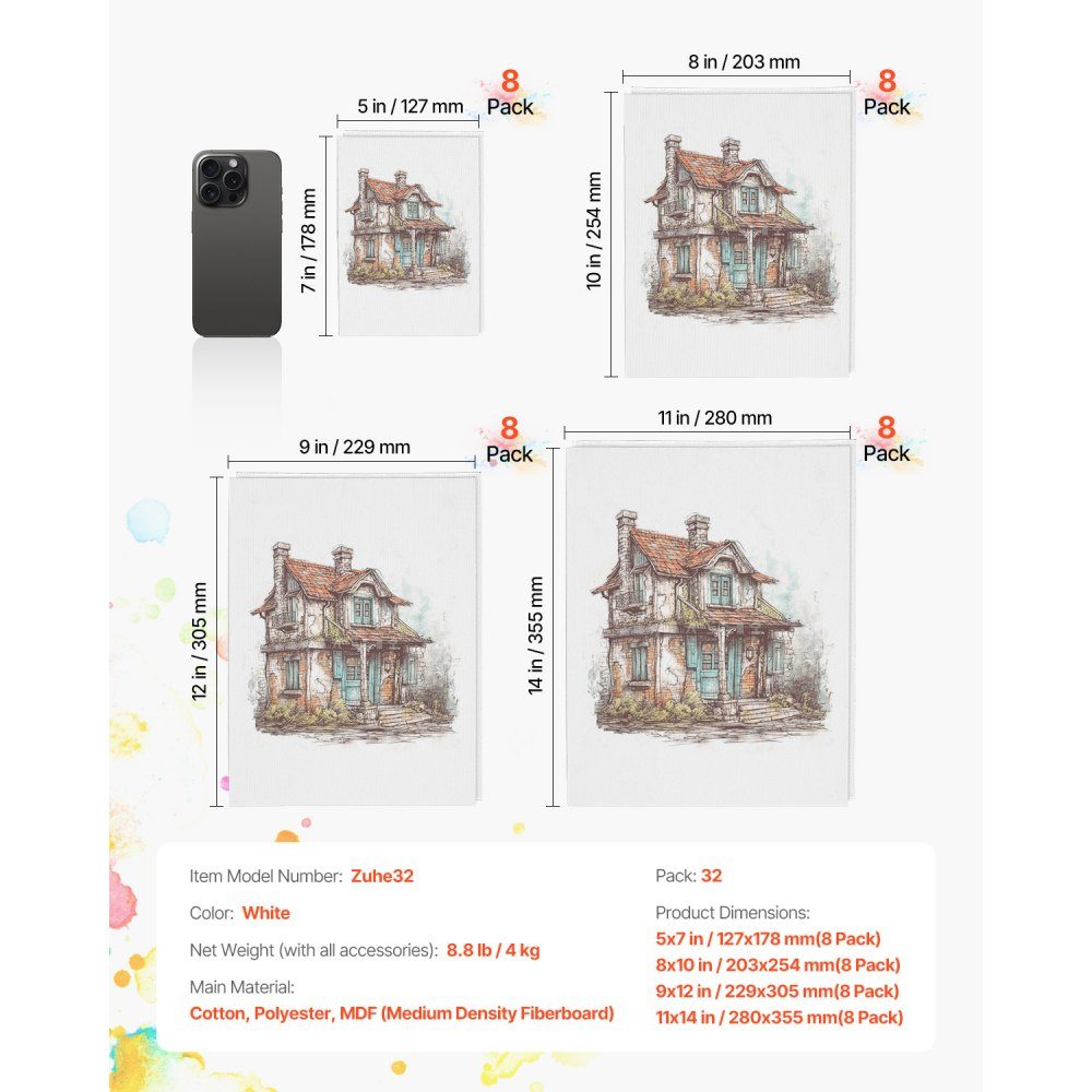 Canvas panels canvases (127x178mm / 203x254mm / 229x305mm / 280x355mm) for painting, canvas set 32 ​​pieces made of cotton, painting canvas panels acrylic and oil painting watercolor painting canvas white