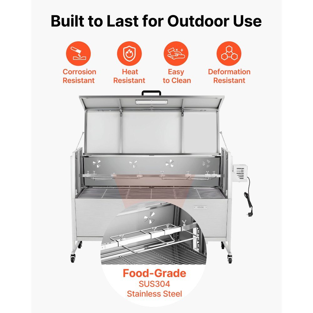 Drehspieß 38W Spanferkelgrill Lammgrill Holzkohlegrill (132cm Grilllänge) mit 60kg Belastbarkeit & Rollen & 4-fach Höhenverstellung & Deckel, Edelstahl Elektrogrill Set für Camping
