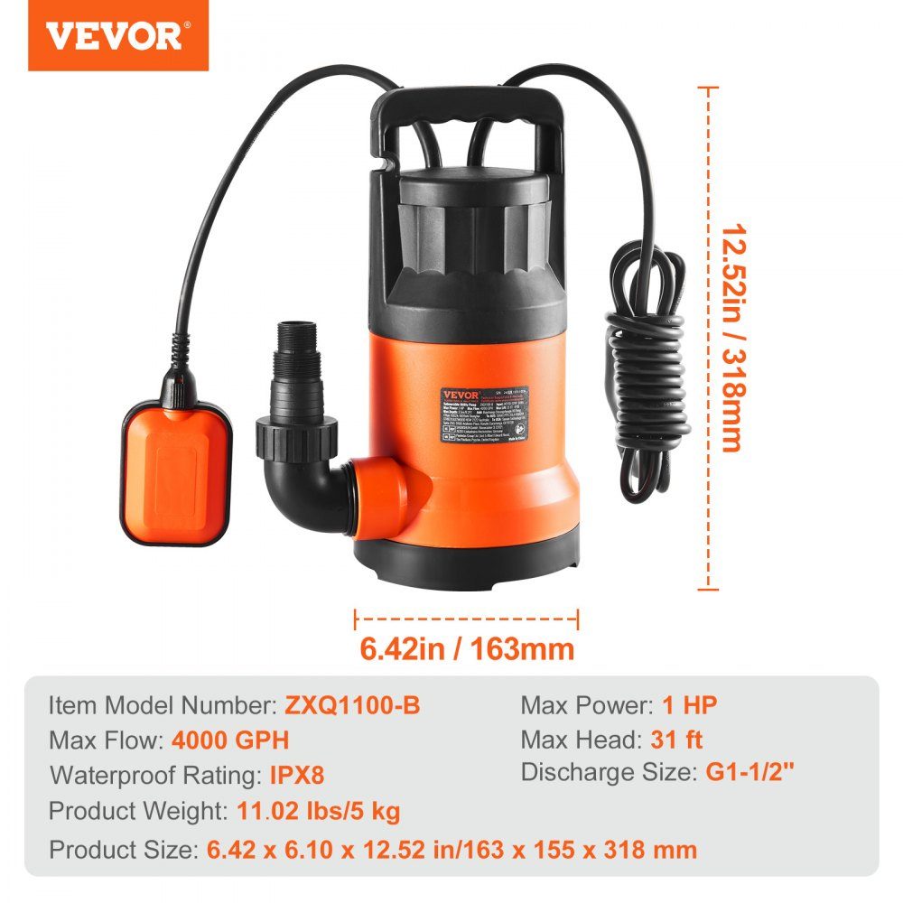 Dirty Water Pump 700W 15700L/H High Flow 10.1m Head Submersible Pump Portable Water Pump with 3m Power Cord for Pumping Water from Swimming Pool, Garden Pond, Basement