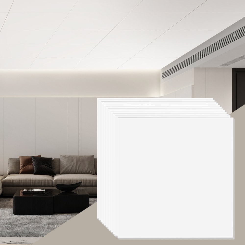 Dalles de plafond, paquet de 12 dalles de plafond suspendu de 24x24 pouces en mousse PVC de haute qualité, ignifuge, bonne flexibilité et installation facile, panneau de plafond pour la décoration de la maison/bureau, blanc lisse