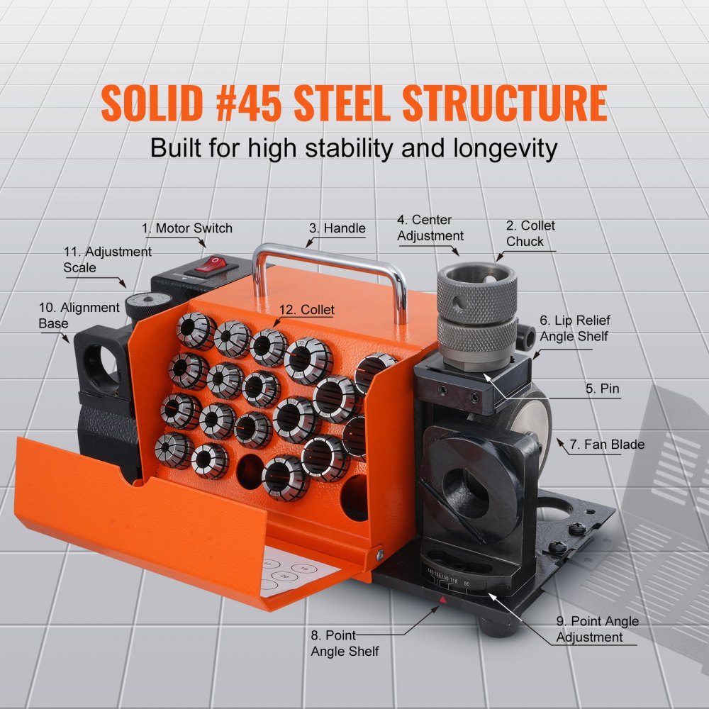 Drill Grinder 120W Drill Grinder 4500RPM Sharpening Station 45# Steel Drill Sharpener 95-135° Adjustable Tip Angle 18 Collet Chucks Suitable for Drill Diameter φ3-20mm