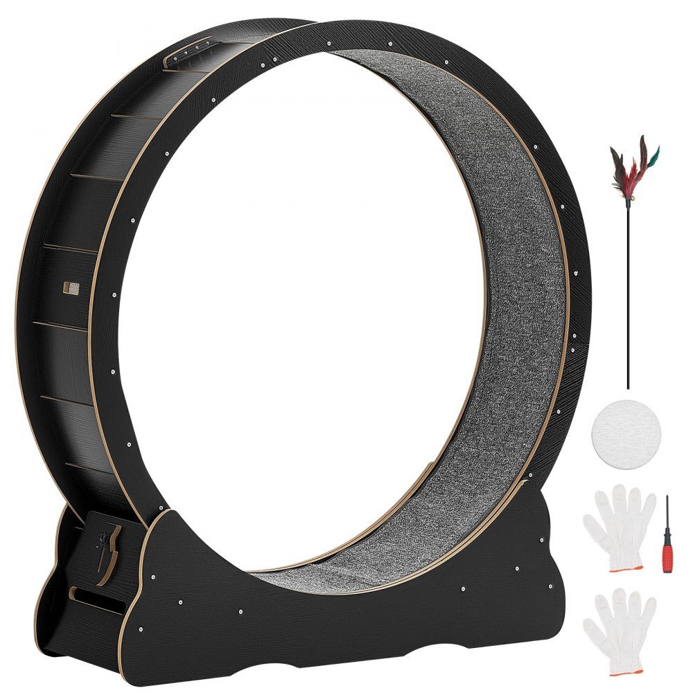 Vélo d'exercice pour chat, roue d'exercice en bois de 1080 mm de diamètre intérieur pour chats de 8,6 à 12,7 kg, tapis roulant pour chat avec tapis de sol et mécanisme de verrouillage, jouet silencieux pour chats d'intérieur, noir