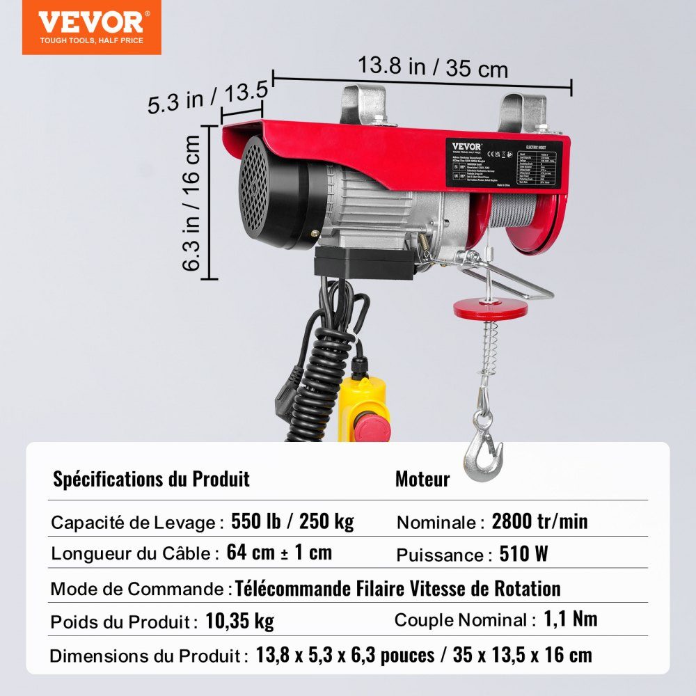 230 V elektrische Seilwinde, 125 kg bis 250 kg Hubhöhe, 12 m Seilzugmotorwinde, 510 W Motorflaschenzug, 10 m/min Hubgeschwindigkeit, Hebezeug mit kabelgebundener Fernbedienung, Seilzug, Kettenzug